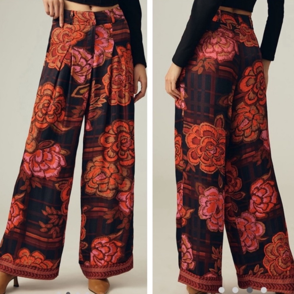 Farm Rio Anthropologie Floral Wide Leg Trousers Pants